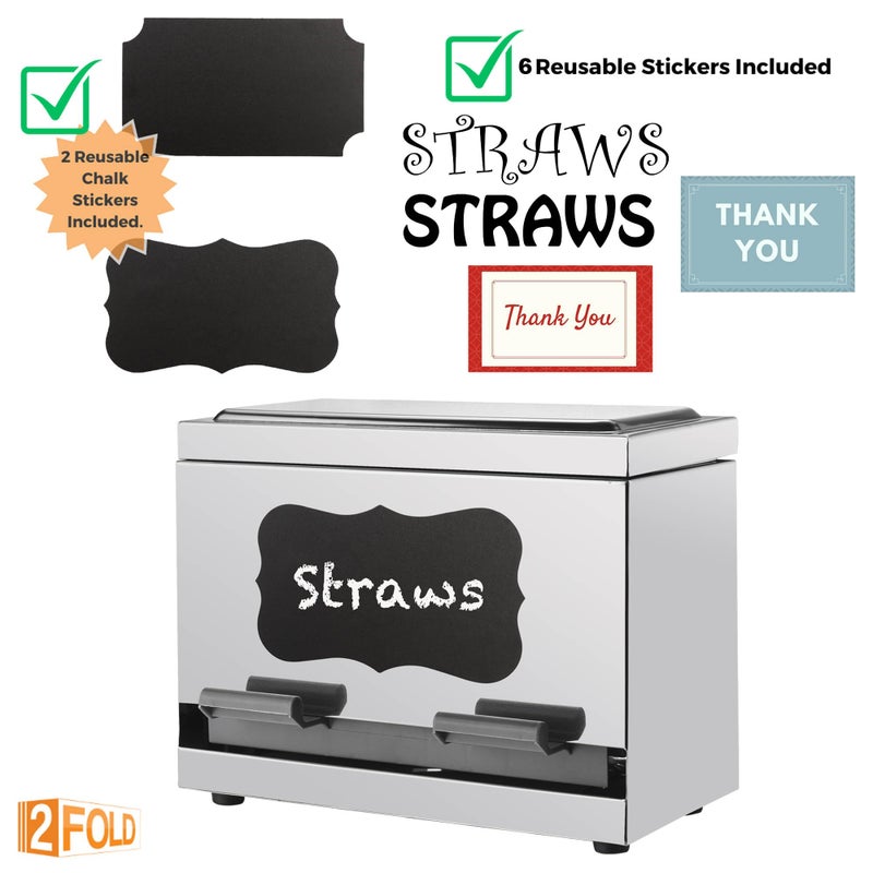 2Fold Stainless Steel Straw Dispenser - Drinking Straw Holder For Bulk Unwrapped Paper and Disposable Plastic Straws - Includes Custom Label Stickers (Stainless) - Image 2